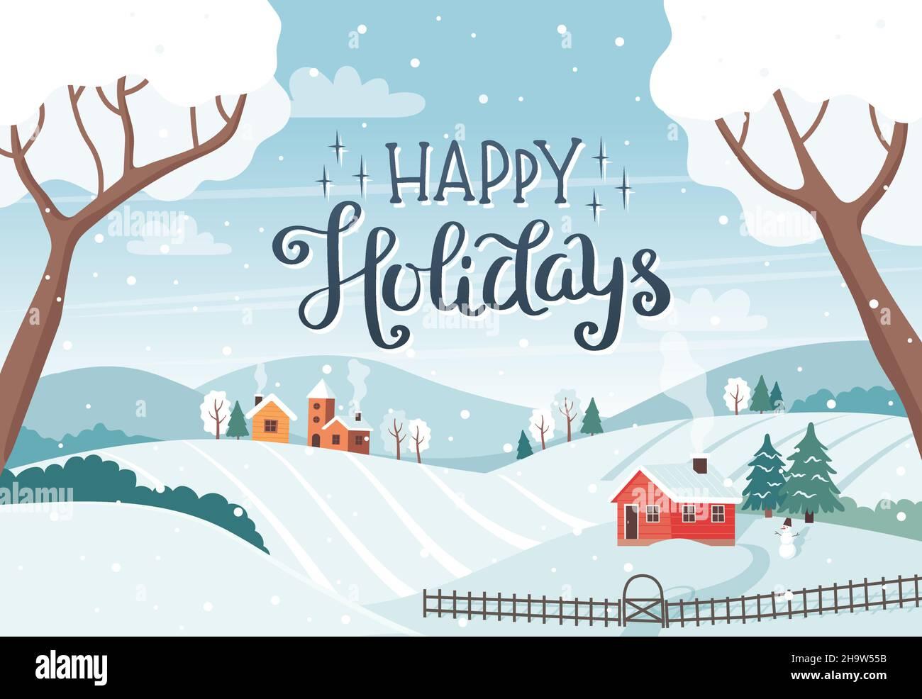 Happy Holidays Card Winter Landscape With Trees Fields Houses
