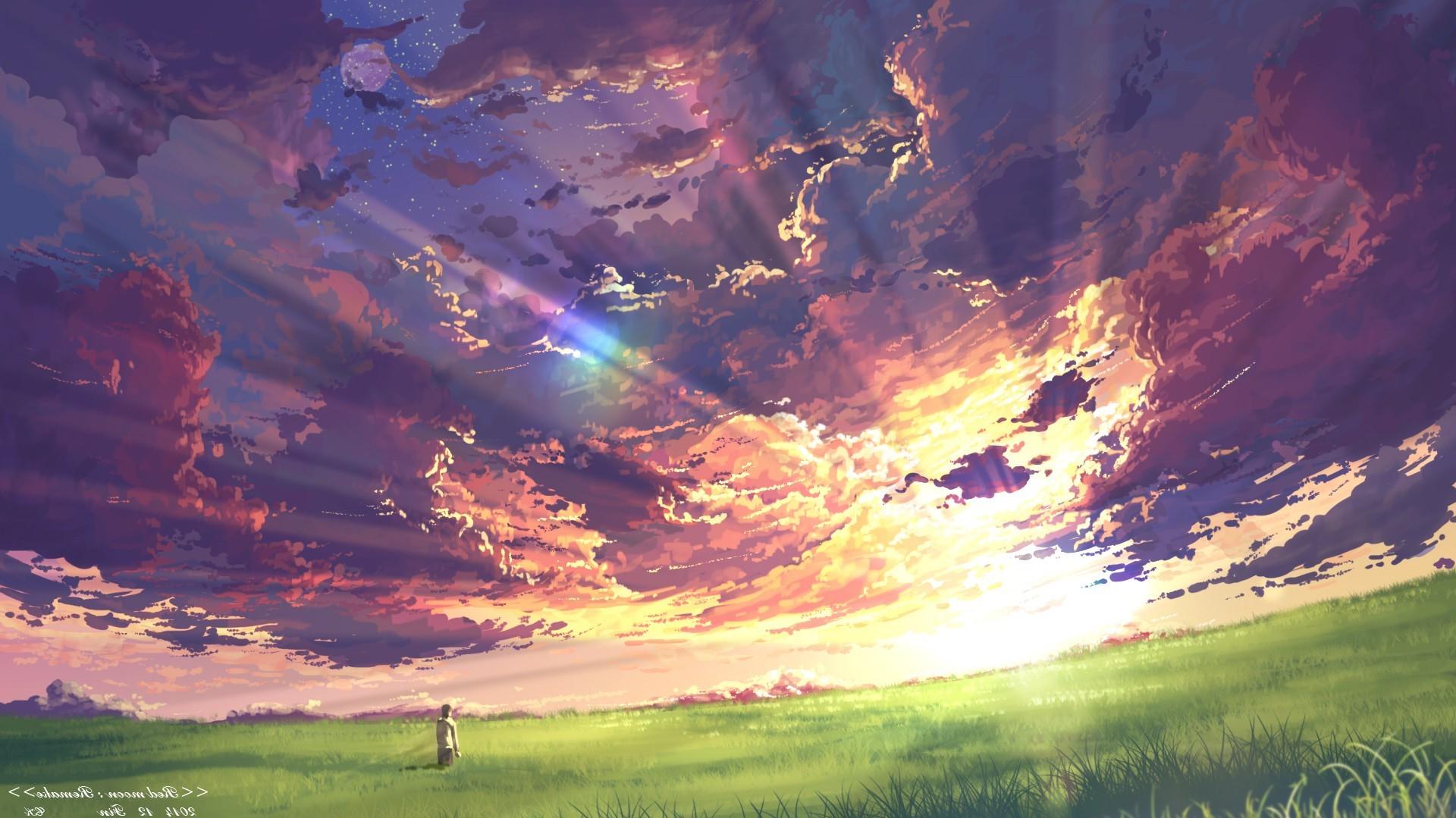578035 1920x1080 anime clouds sky sunset sun rays field wallpaper