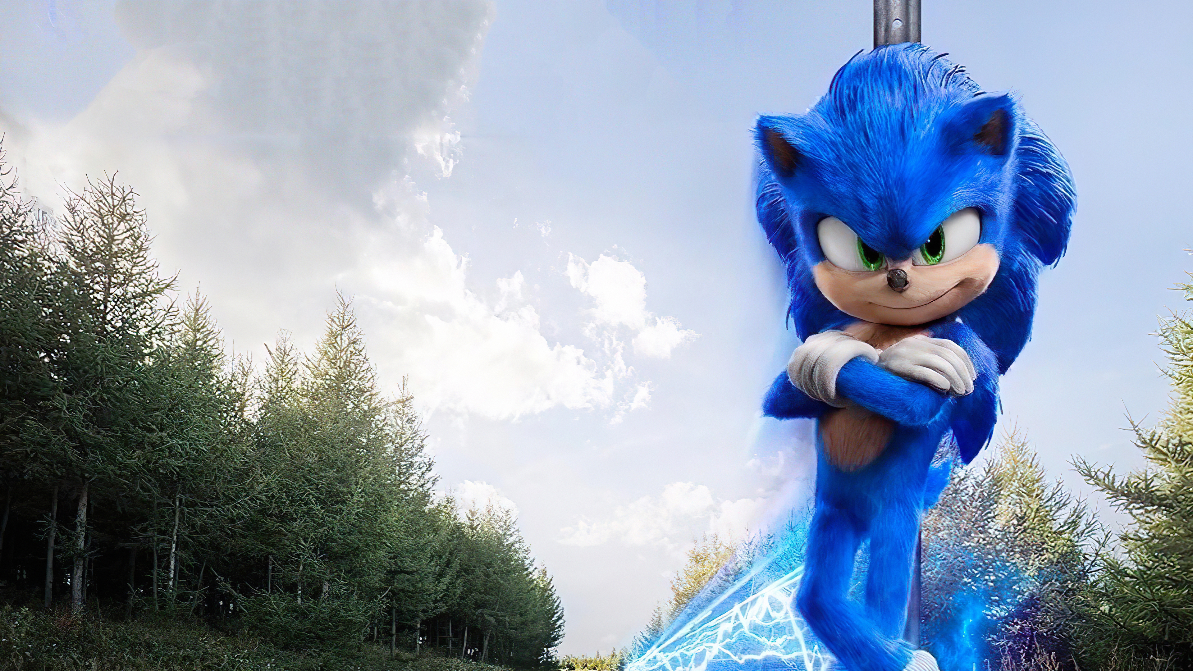 Promotional image of Sonic the Hedgehog from the Sonic the Hedgehog 2 movie with a confident pose, set against a backdrop of trees and a cloudy sky