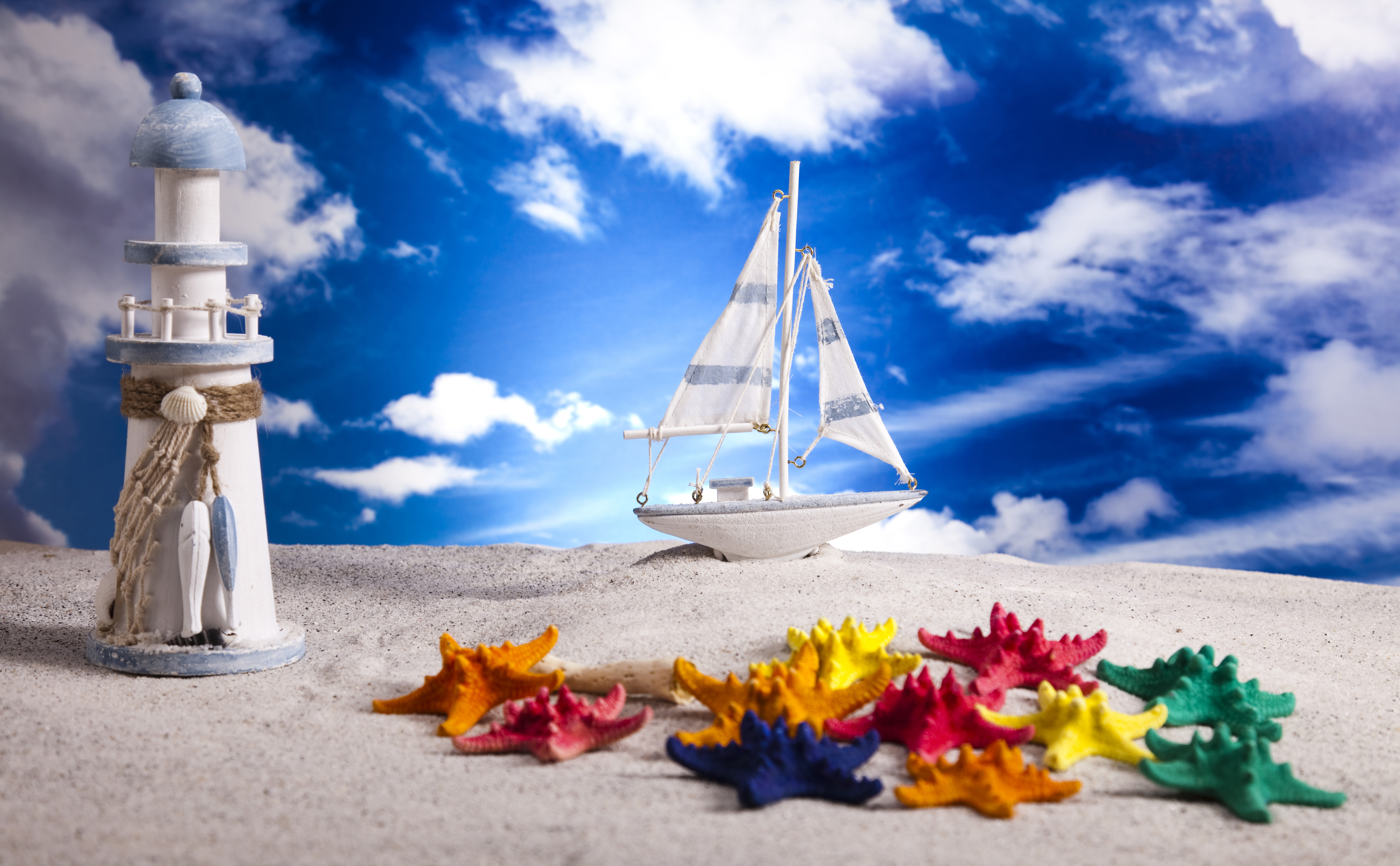 Sky Sailing Boats Lighthouse Starfish Toys Clouds Sand Beach Bokeh