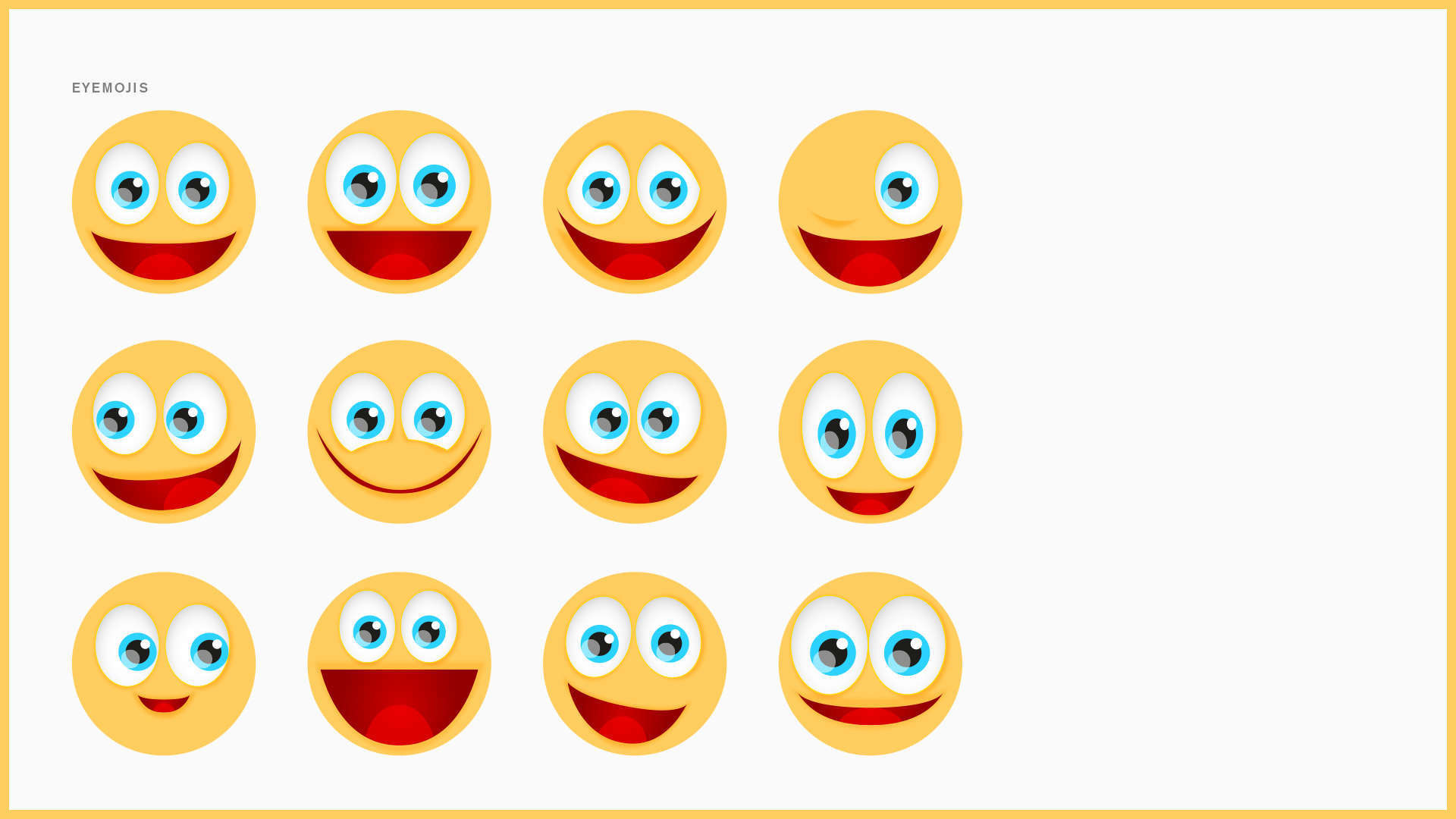 A collection of twelve yellow emojis with varying eye and mouth expressions, showcasing a range of emotions from happy to surprised