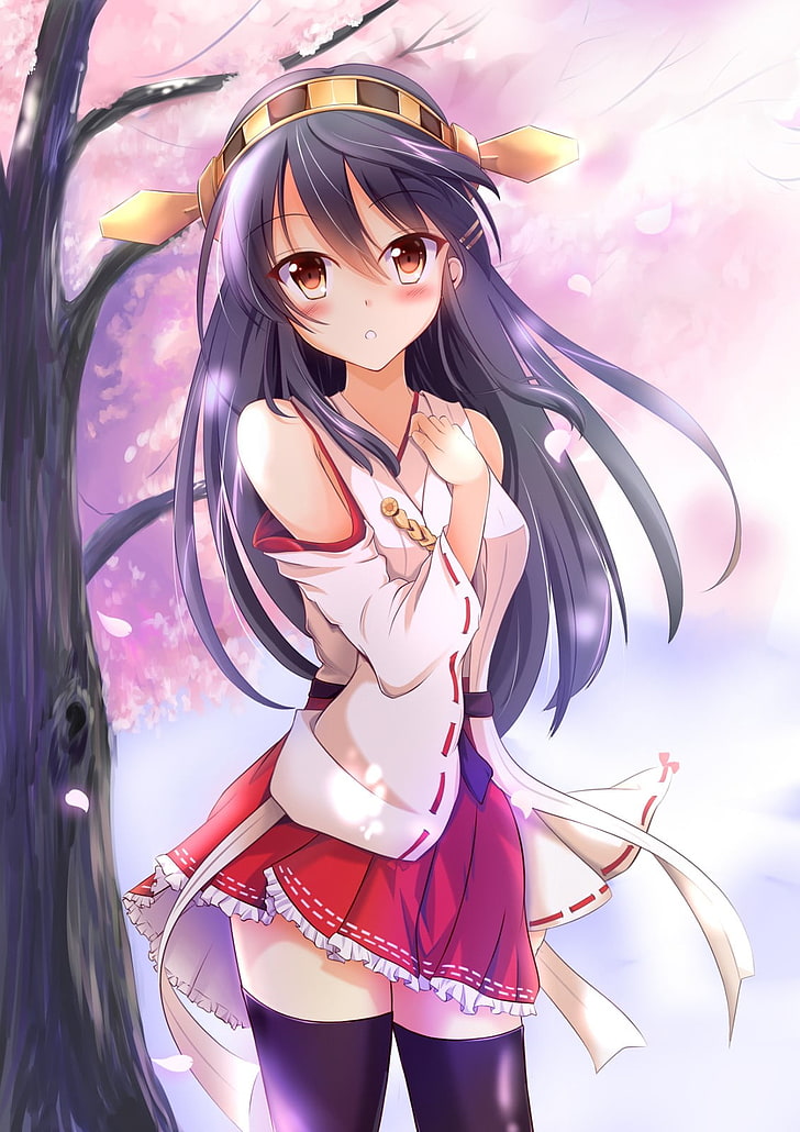 HD Wallpaper Haruna Kancolle Trees Flower Petals Thigh Highs