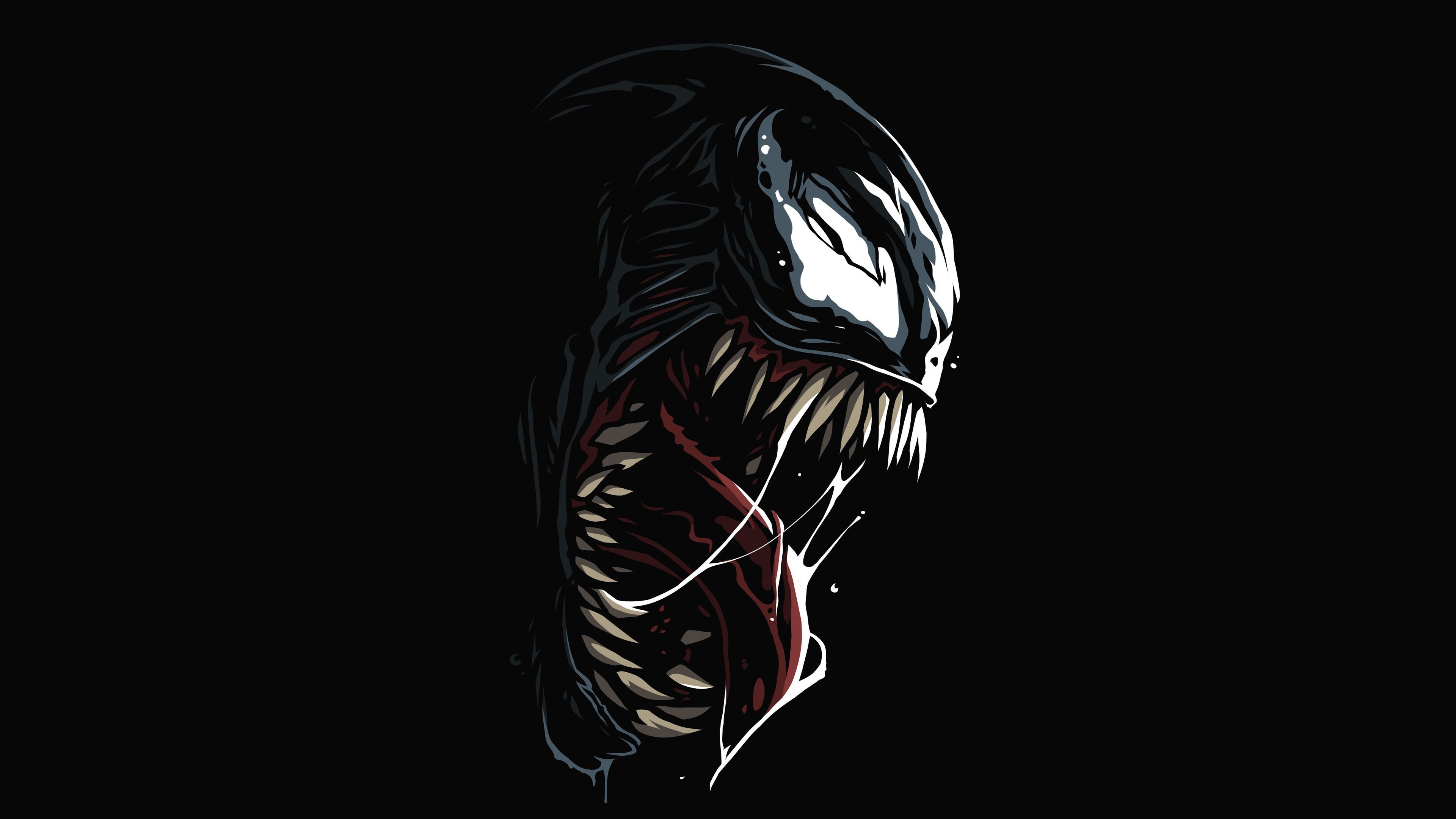 A menacing close-up of Venom's head against a stark black background, showcasing its sharp teeth, long tongue, and glowing white eyes