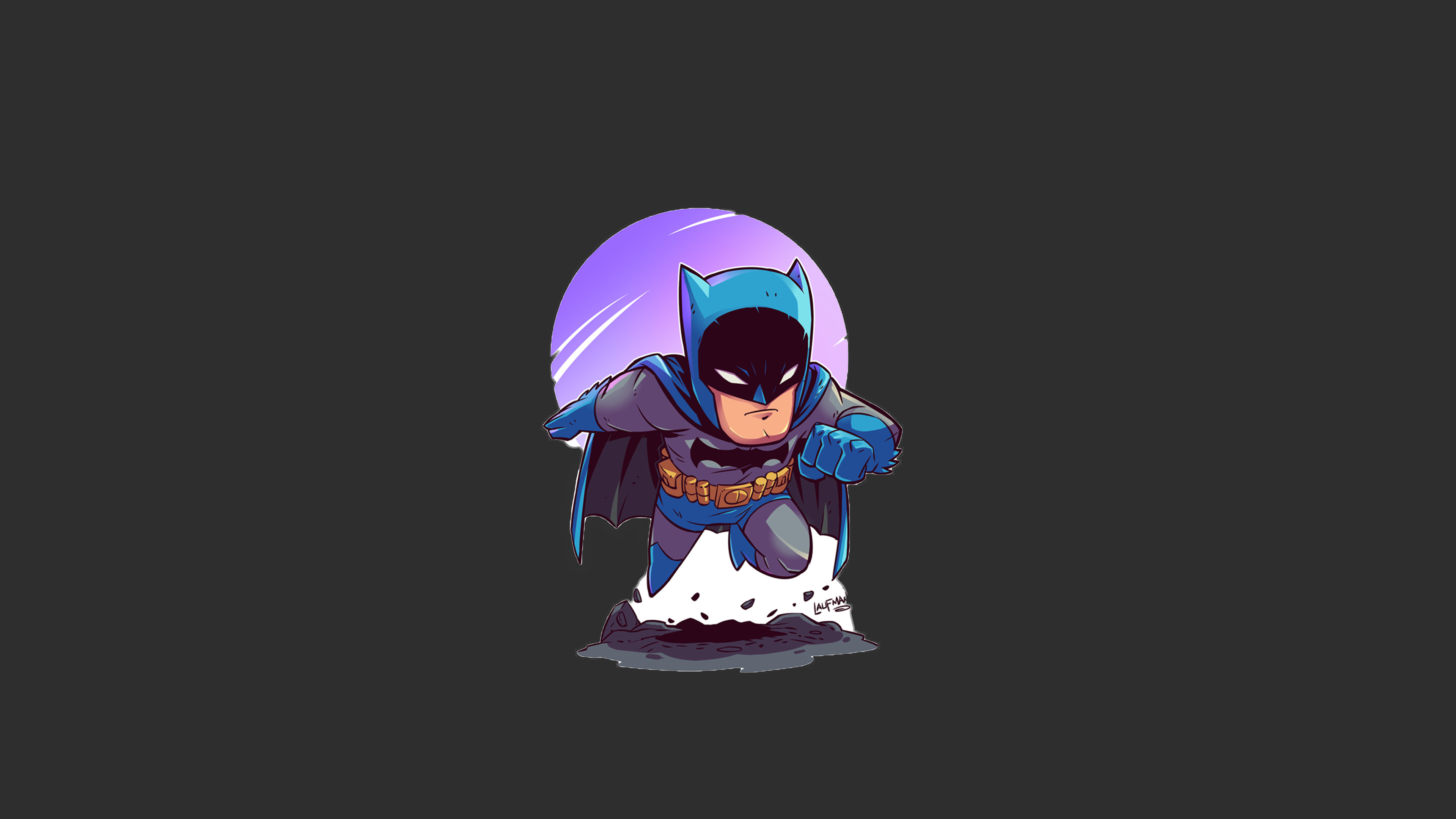 Minimalist 4k wallpaper featuring a chibi-style Batman running against a dark background with a purple circular accent