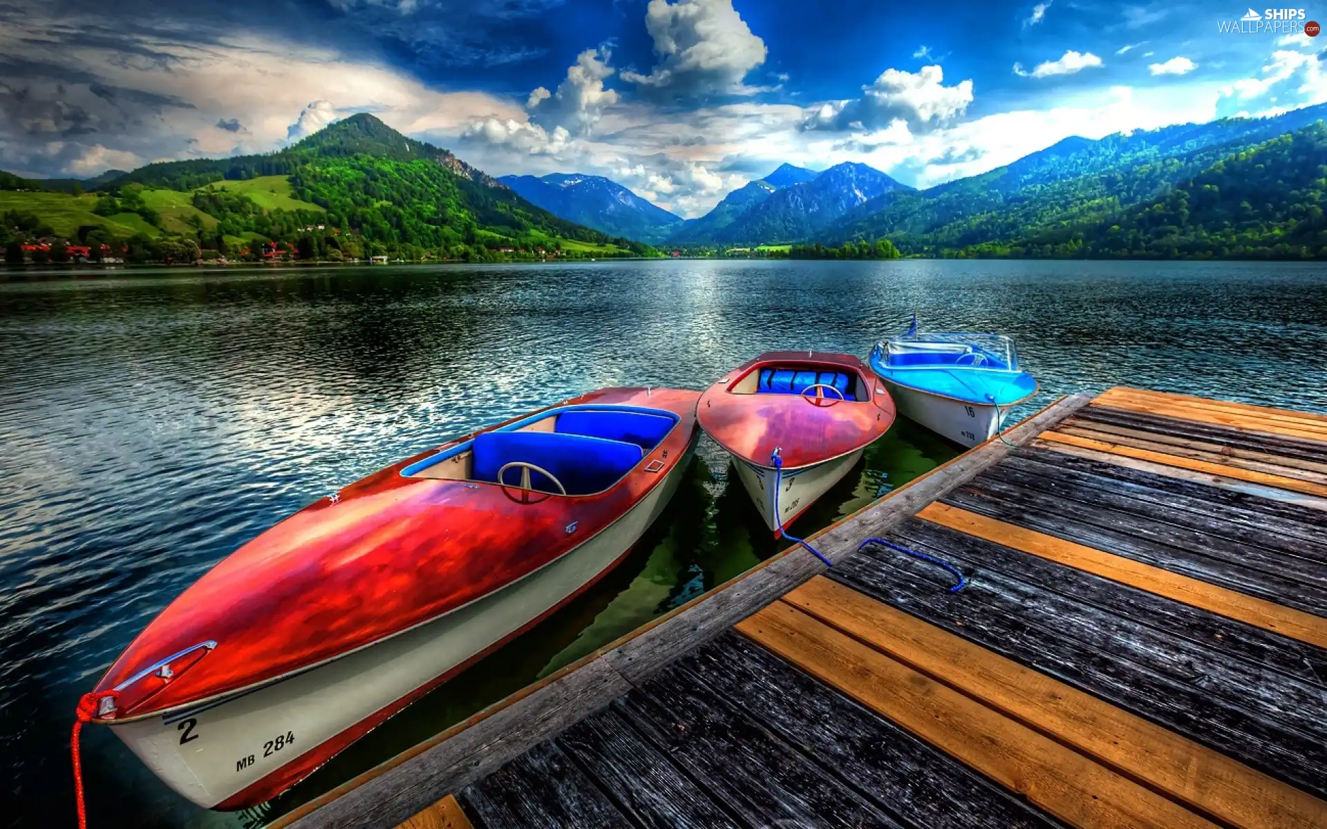 Clouds Boats Lake Mountains Pier Wallpaper