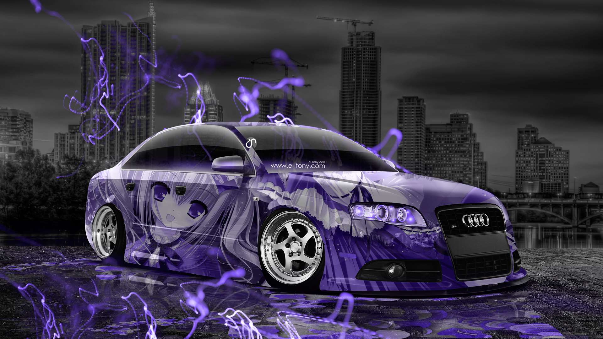 Anime Girl Aerography City Car Violet Neon Effects HD Wallpaper