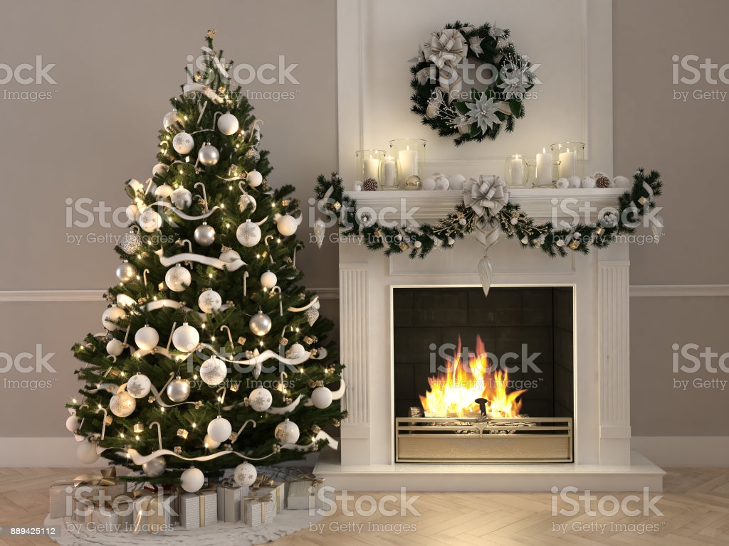 3d Rendering Christmas Scene With Decorated Tree And Fireplace