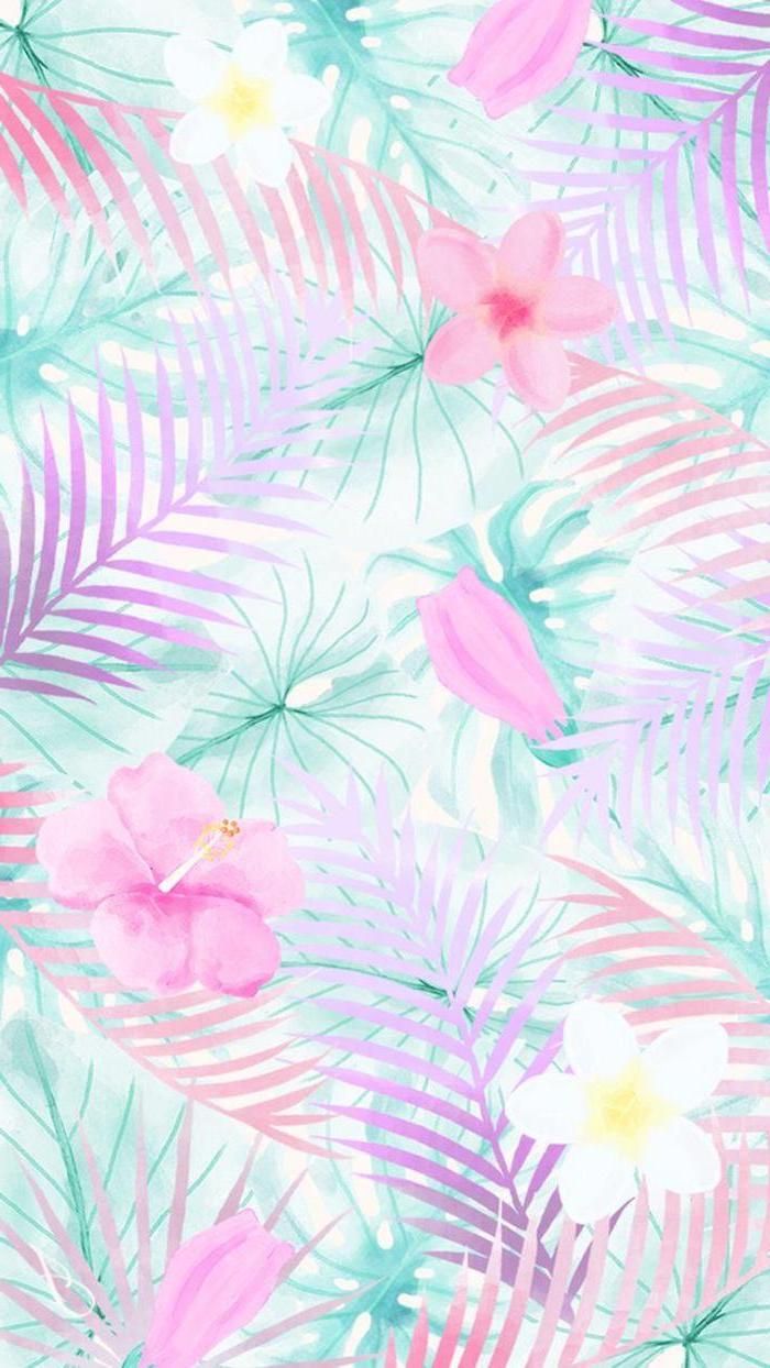 Cute iPhone Wallpaper Watercolor Drawing Floral Palm Leaves Pink