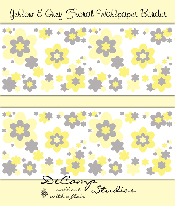 Yellow Grey Floral Wallpaper Border Wall Decals Baby Girl Flower