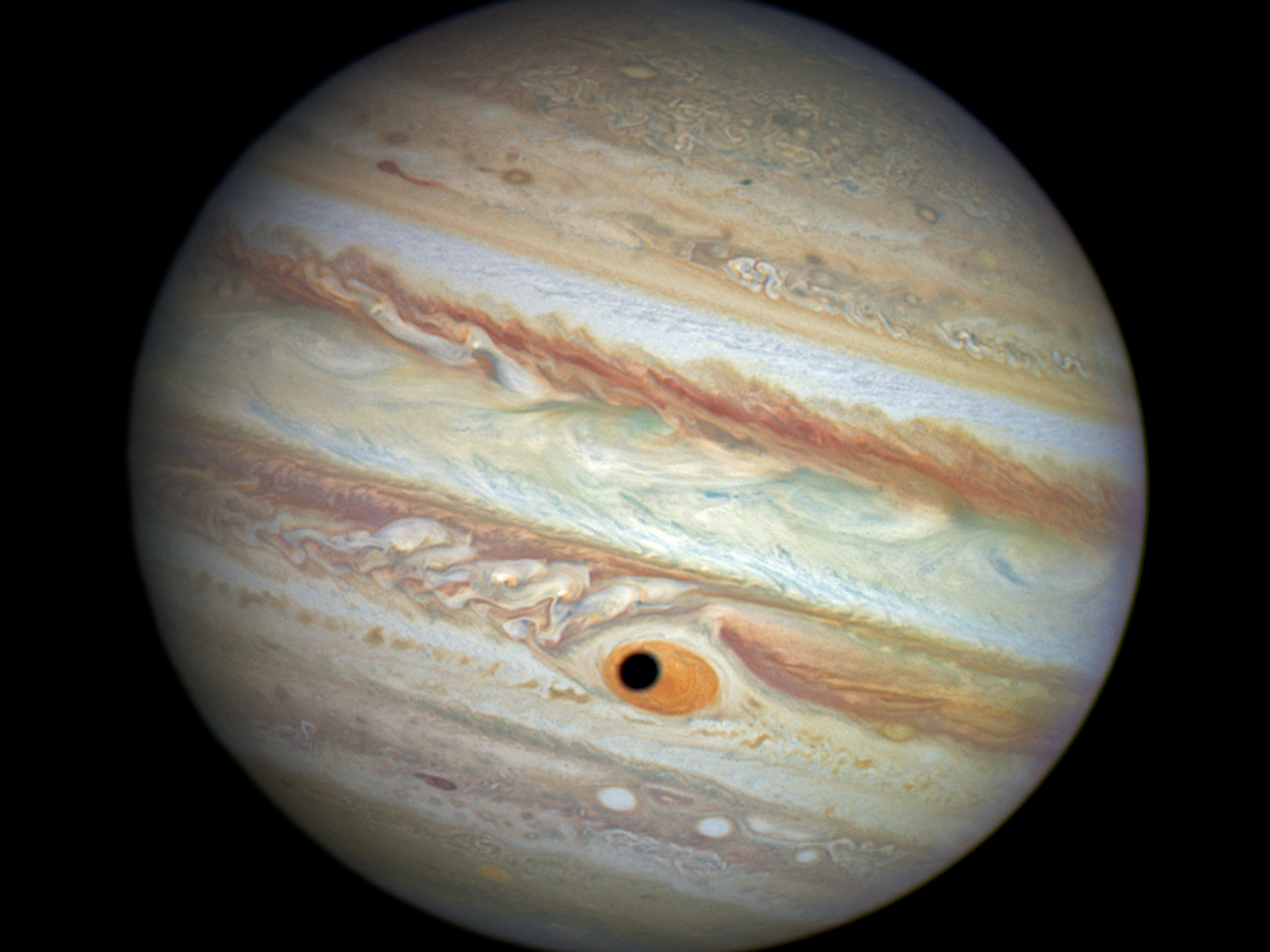 Jupiter S Great Red Spot And Ganymede Shadow Colour Esa Hubble