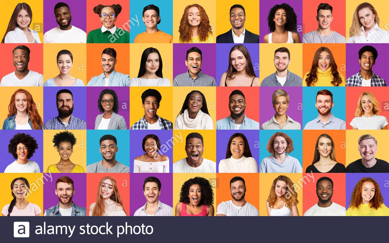 Set Of Mixed Race People Portraits Smiling On Different