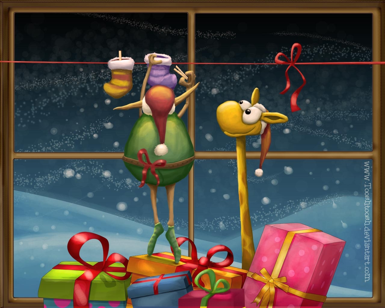 Wallpaper New Year Christmas Giraffe Gifts Window HD Background