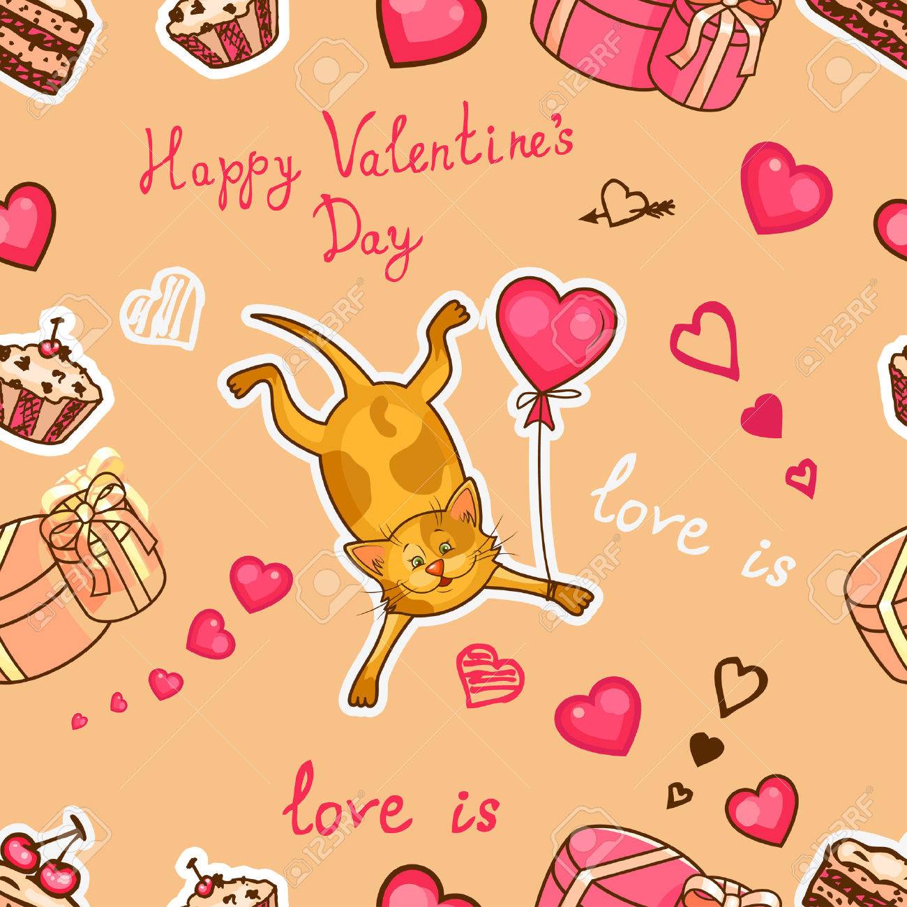 Seamless Valentine Background With Cute Cat Use It For Childrens