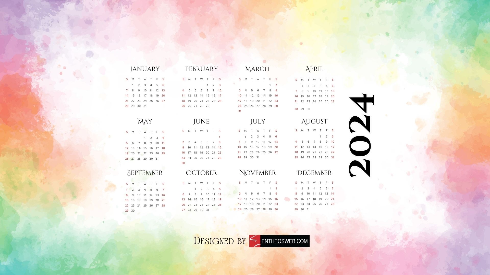 A 2024 yearly calendar on a watercolor pastel background. The calendar displays all 12 months on a white background. The numbers are dark and easily readable against the light backdrop