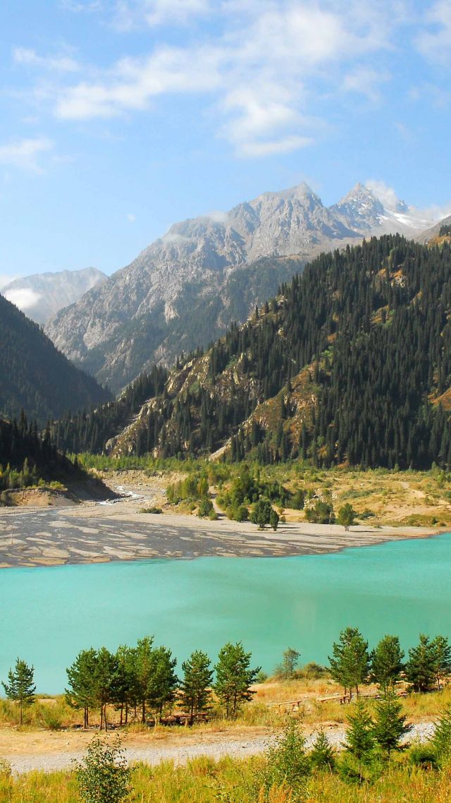 Wallpaper Lake Issyk Kul Kyrgyzstan Mountains Forest 4k