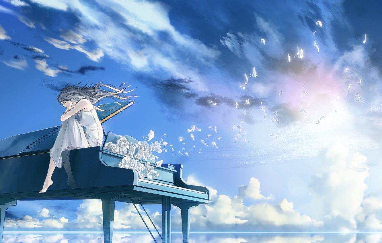 Wallpaper The Sky Water Girl Flowers Piano Image For Desktop