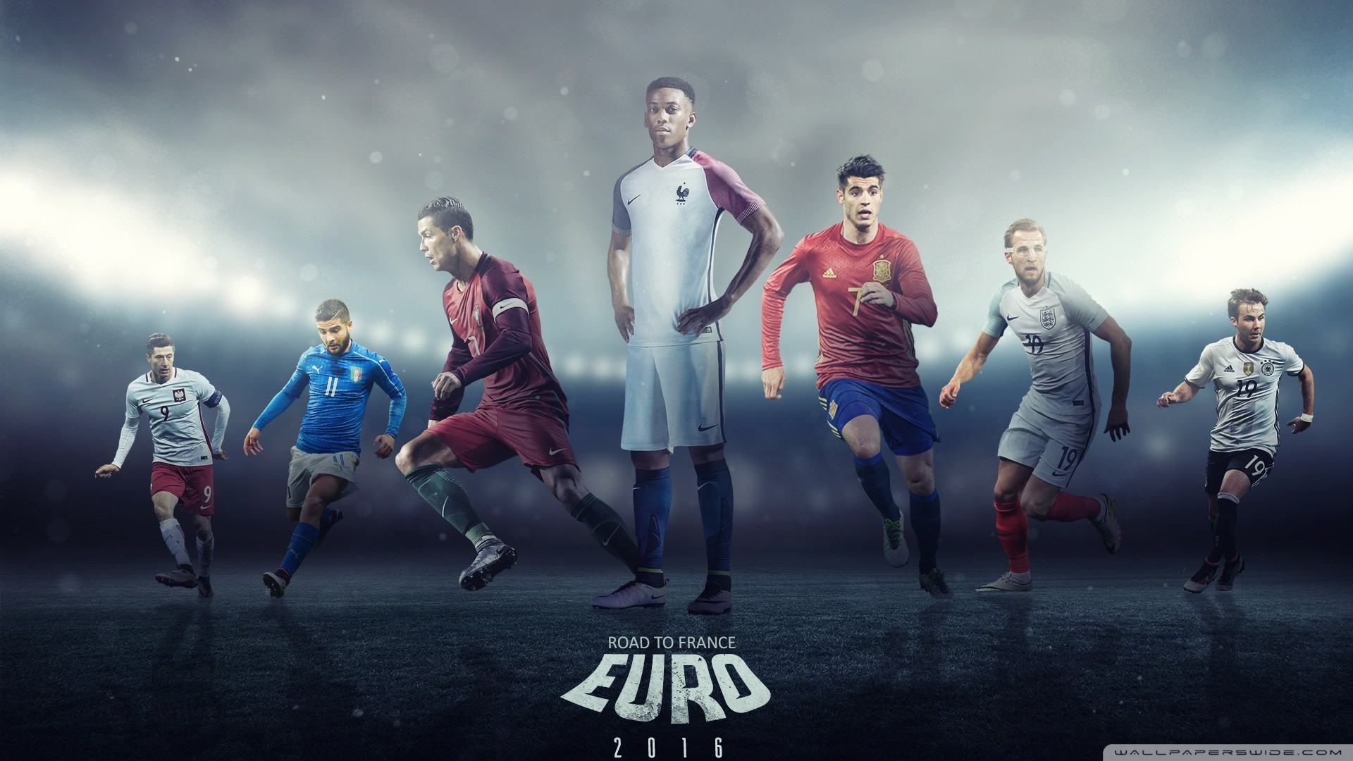 Promotional image for the UEFA Euro 2016 tournament, featuring football players in Nike kits. The image highlights the 'Road to France' and the participating nations' star players