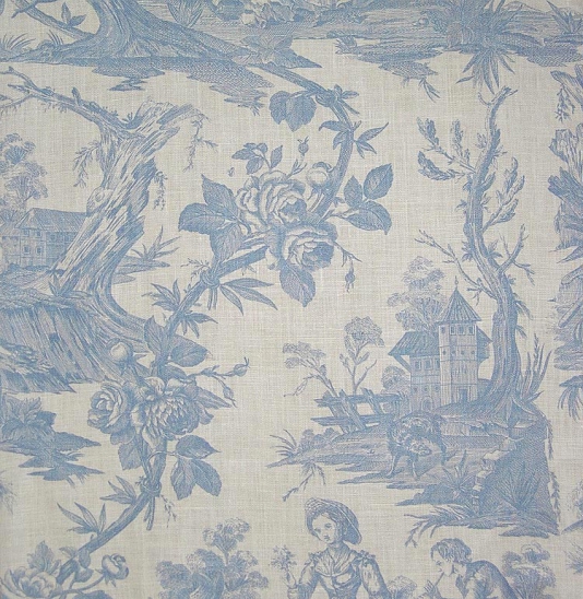 Toile Fabric Linen With Soft Blue Large Design De Jouy