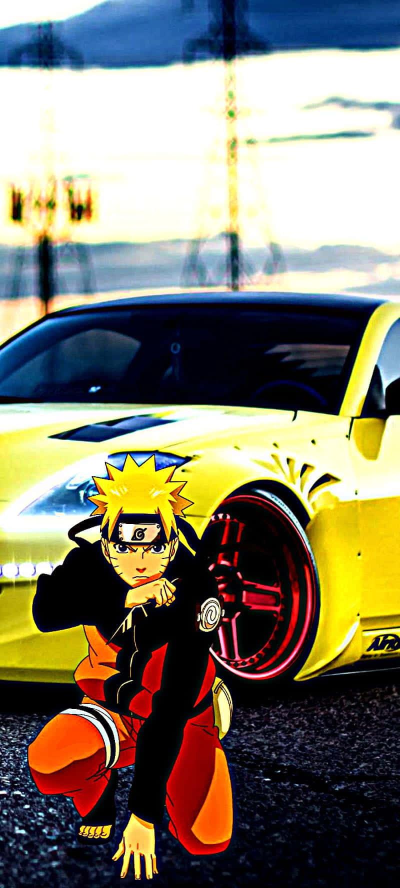 A Yellow Car With Naruto Character On It Wallpaper