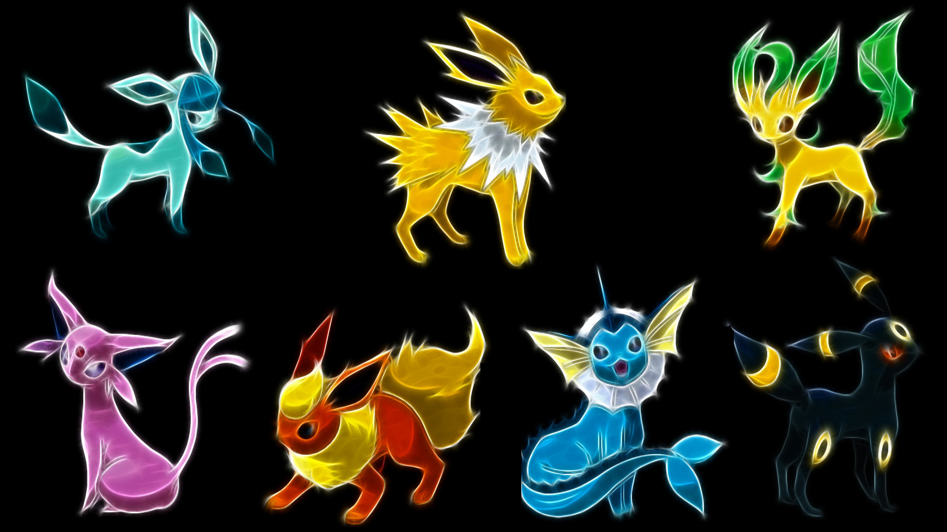 Neon-style illustration of all eight Eevee evolutions in Pokemon