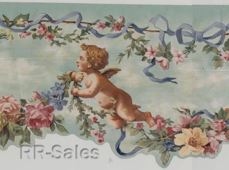 Cherubs Garden Angels Scalloped Edge Victorian Flower Rose Wallpaper