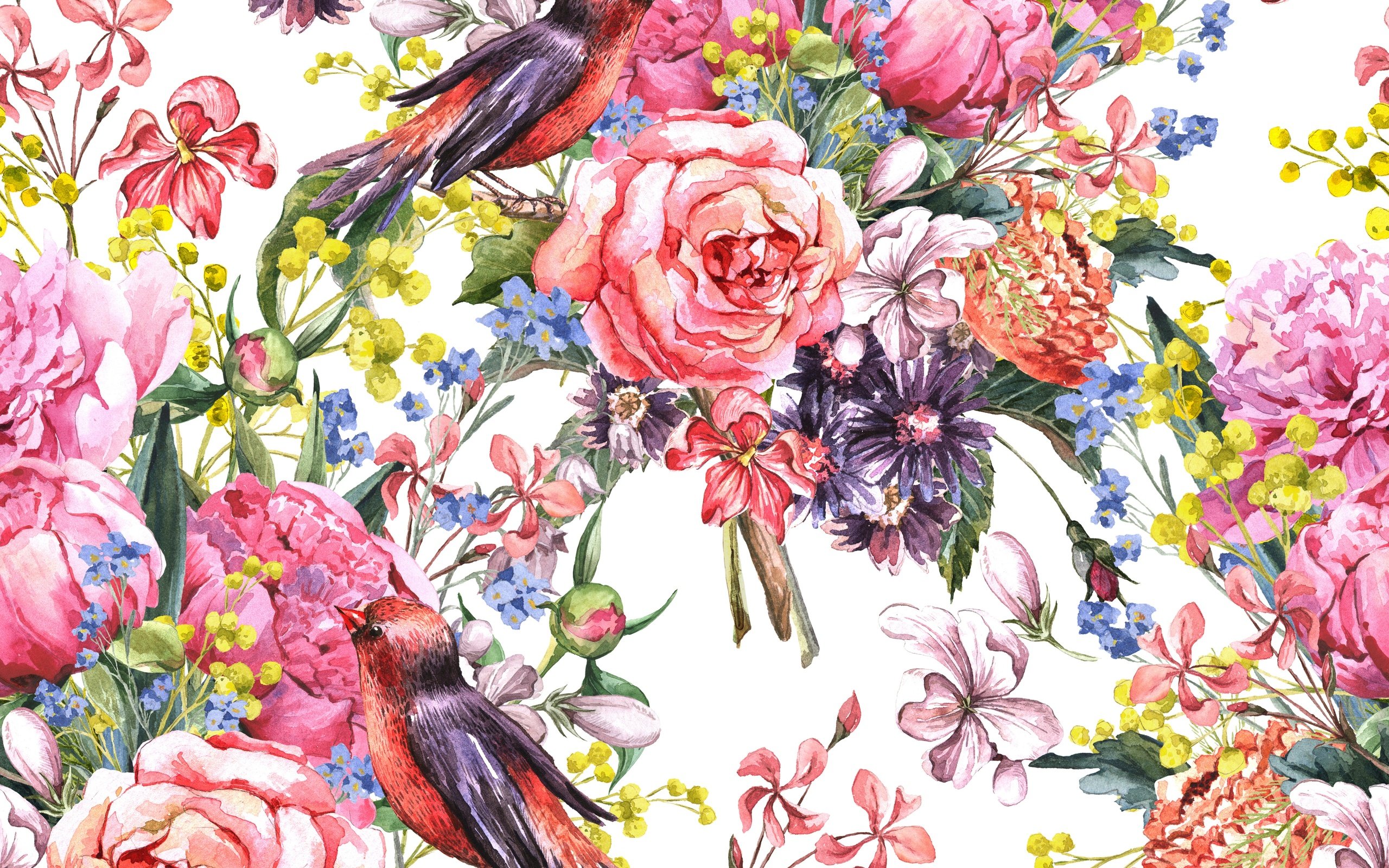 Painting Watercolor Flowers Birds Wallpaper HD Desktop And