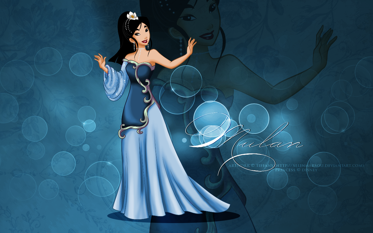 Mulan in a flowing blue and gold gown, a fan art wallpaper