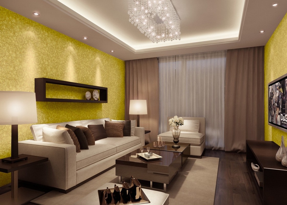Yellow Wallpaper night rendering in living room Download 3D House