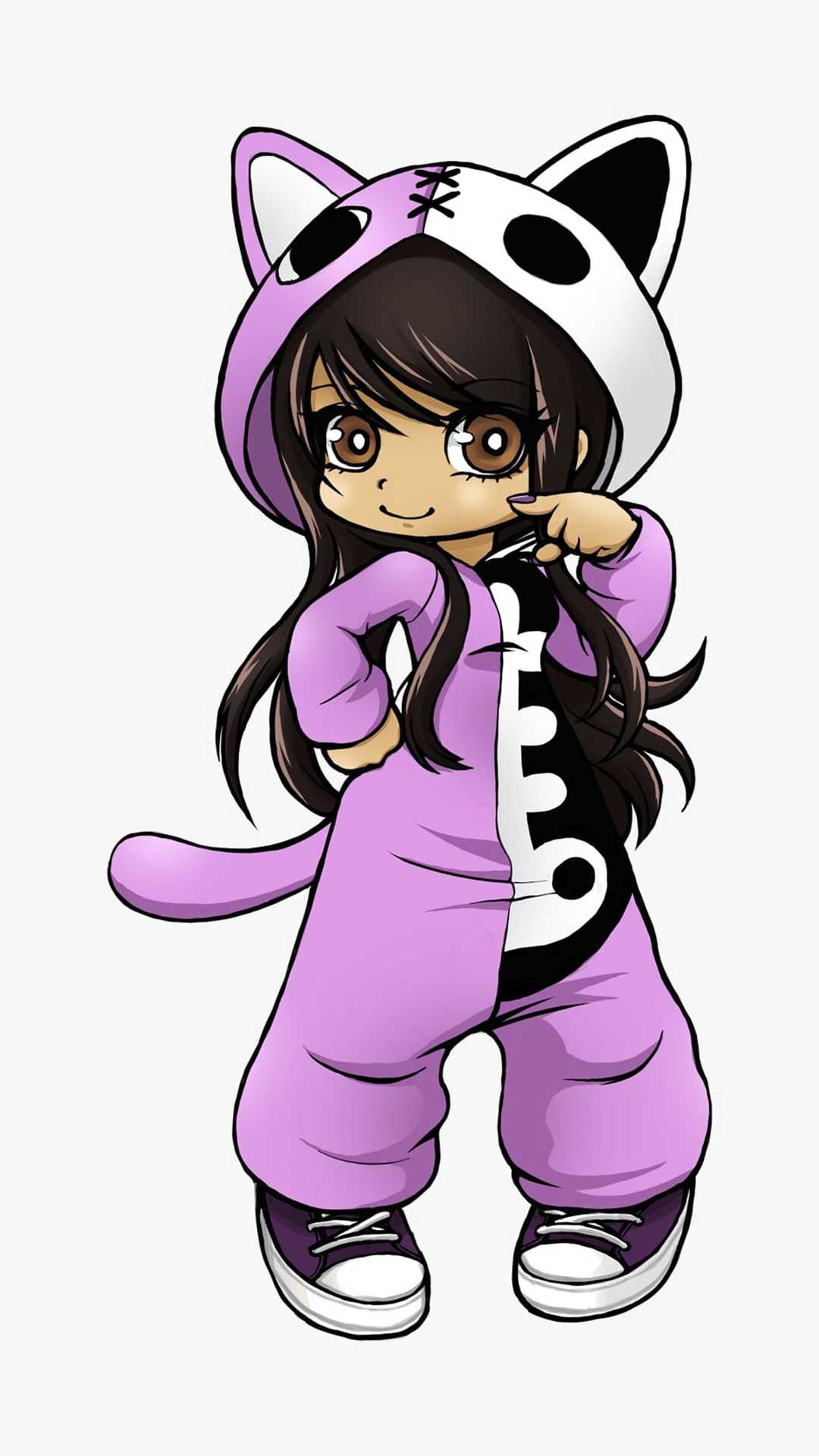 A stylized cartoon character with a cat-themed onesie and split-color hood, reminiscent of Aphmau's Minecraft skin aesthetic. The character exudes confidence with a hand on the hip and playful finger gesture. The color palette combines light purple with black and white accents