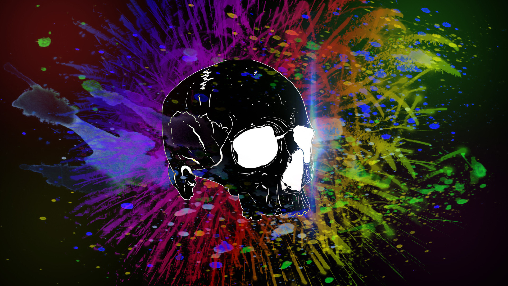 A striking black and white skull set against a vibrant, colorful backdrop of paint splatters. Perfect for a cool, edgy wallpaper