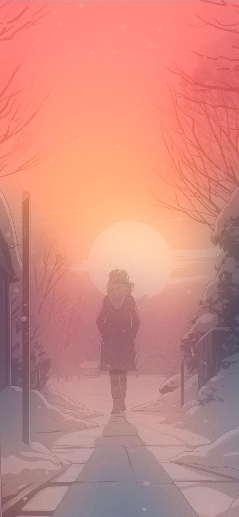 Winter Sunset And Girl Anime Wallpaper HD