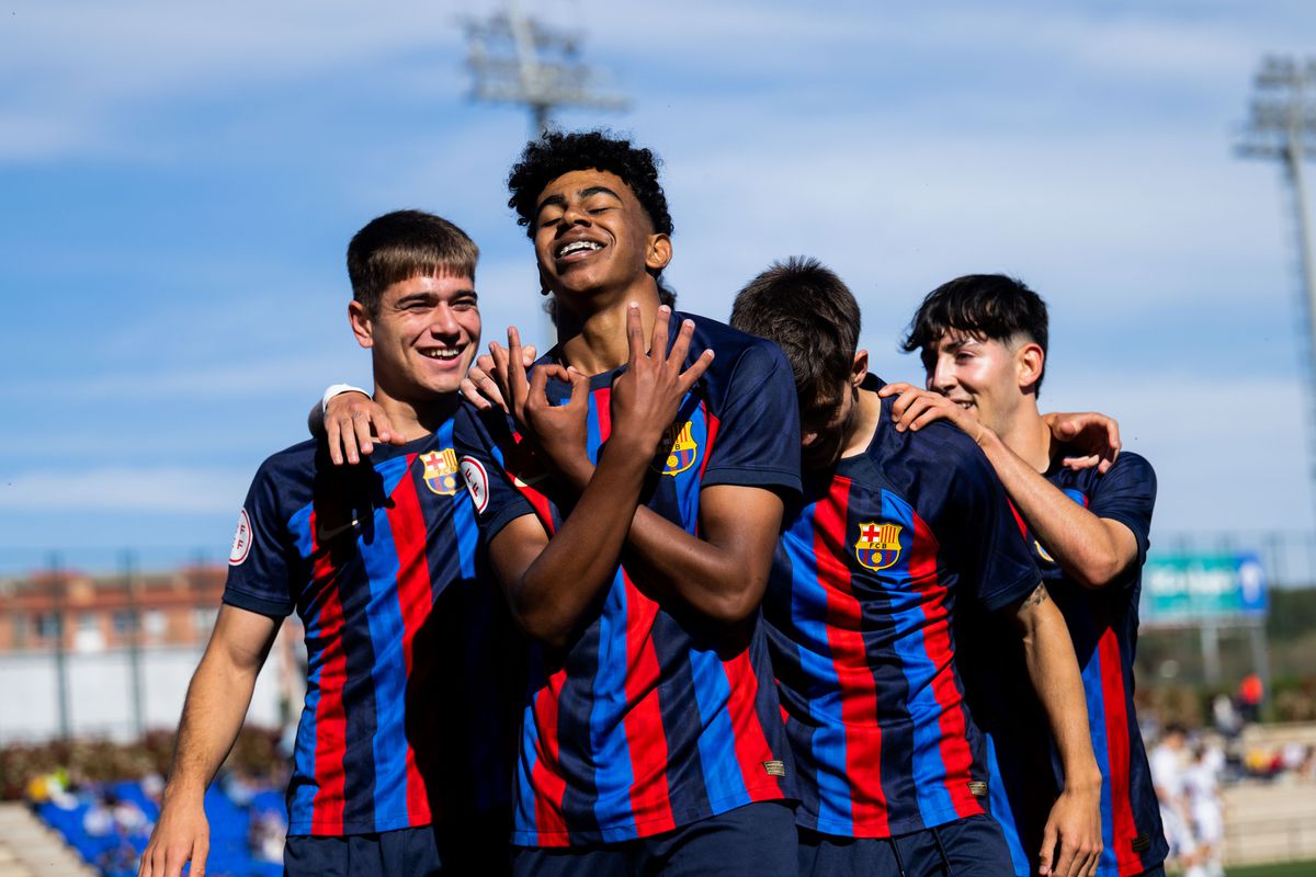 Lamine Yamal celebrates a goal with his FC Barcelona teammates