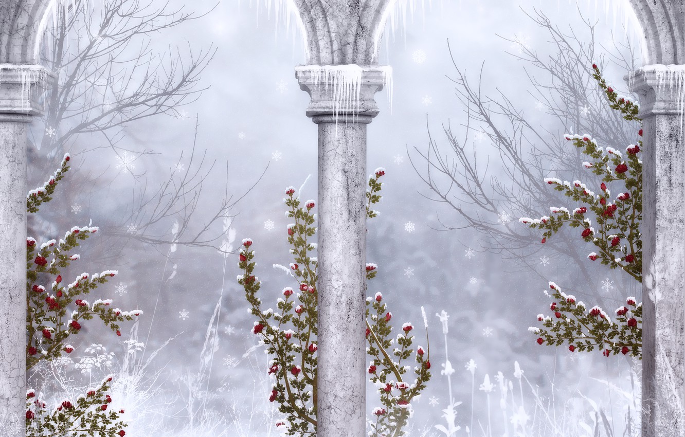 Wallpaper Winter Snowflakes Gothic Icicles Columns Ruins