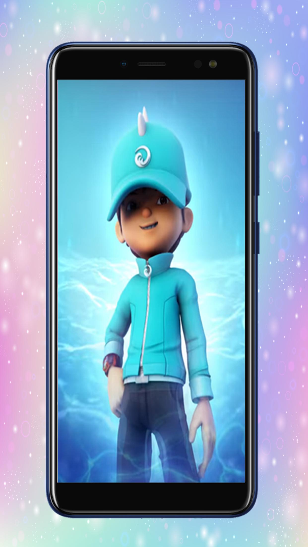 Boboiboy in his signature light blue attire, displayed on a phone screen against a soft, dreamy backdrop