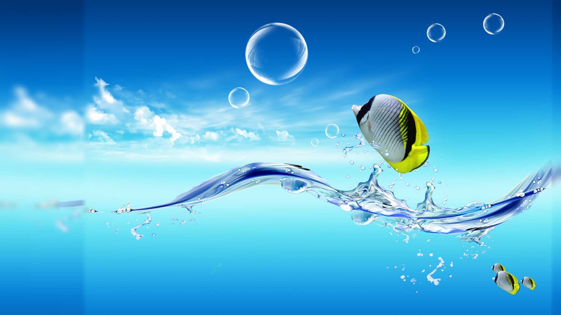 A vibrant butterflyfish leaps from the ocean's surface against a backdrop of a clear blue sky, creating a dynamic and refreshing live wallpaper