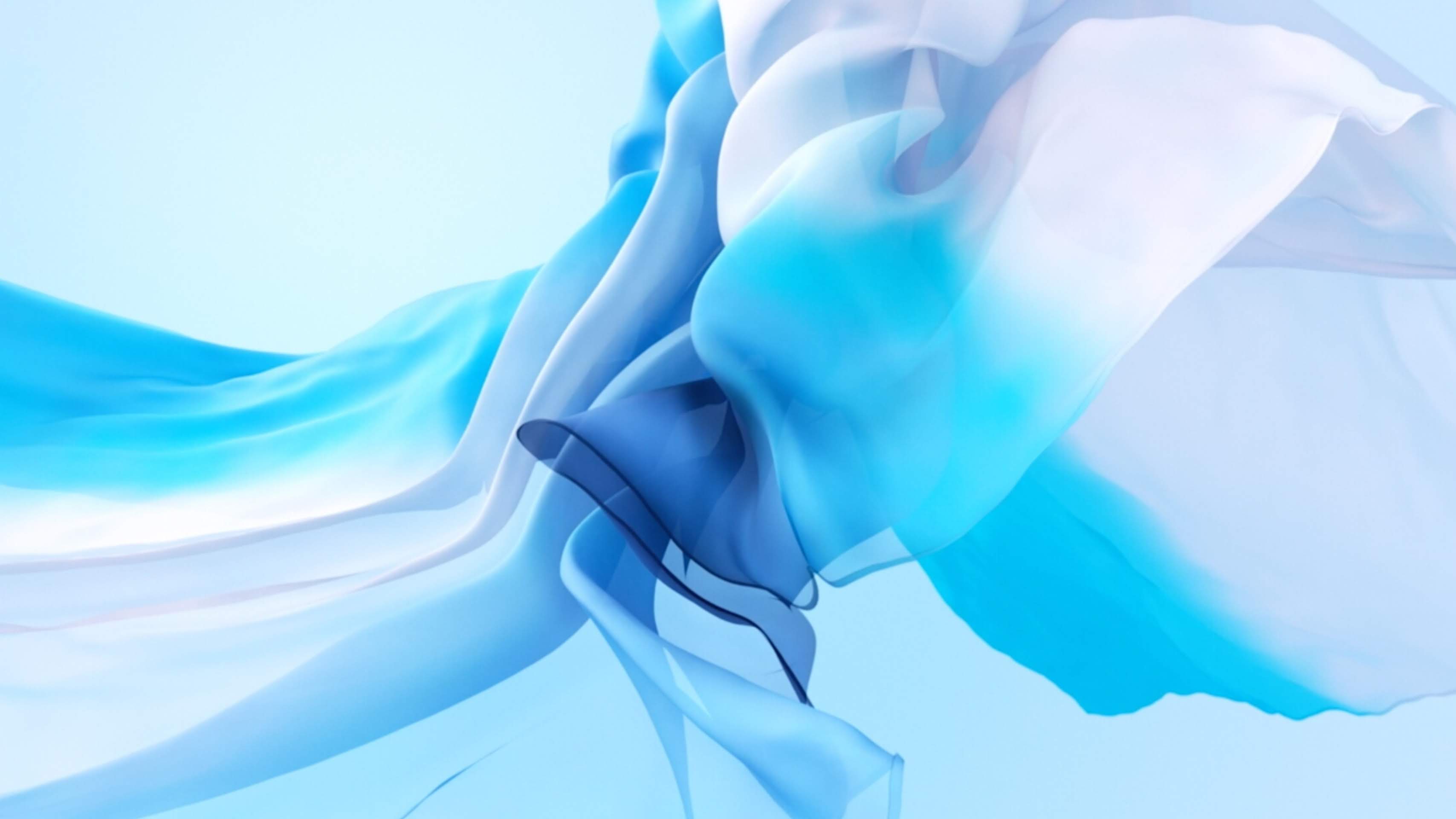 Abstract blue and white gradient wallpaper with flowing, translucent fabric-like shapes, reminiscent of the default MacBook wallpaper style