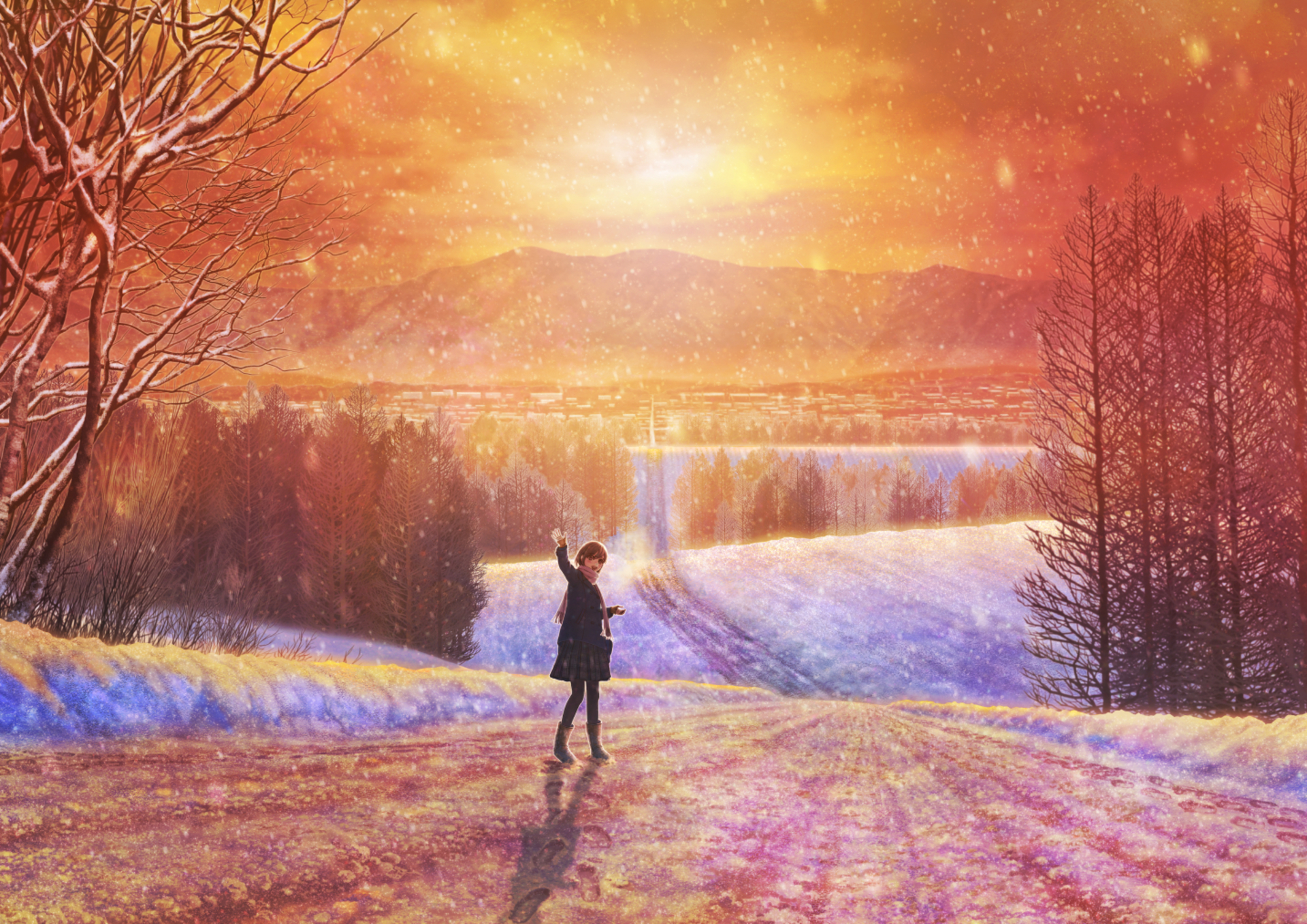 Anime Girl Waving Goodbye As She Leaves Down A Long Snowy Road By