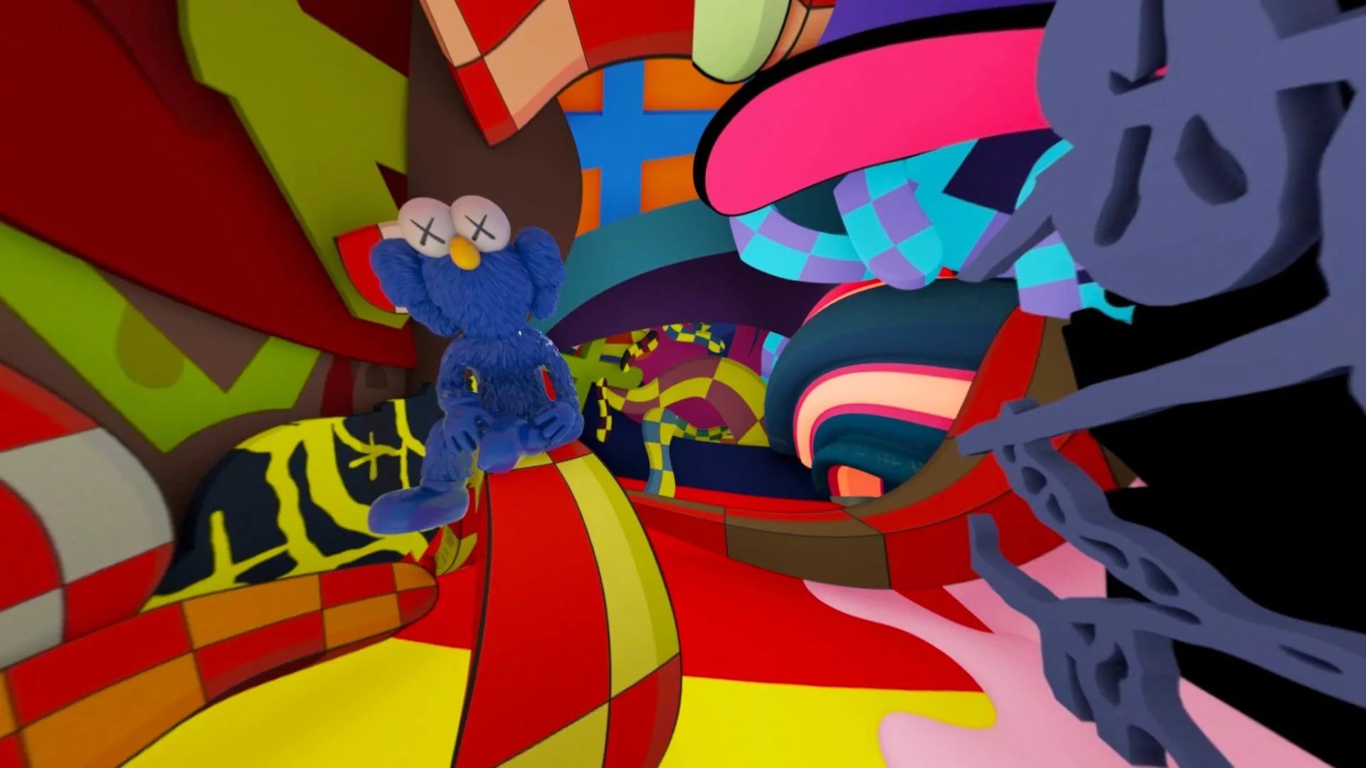A vibrant, surreal 3D rendering featuring a signature KAWS Companion figure amidst a swirling vortex of colorful abstract shapes and patterns, reminiscent of his iconic artwork