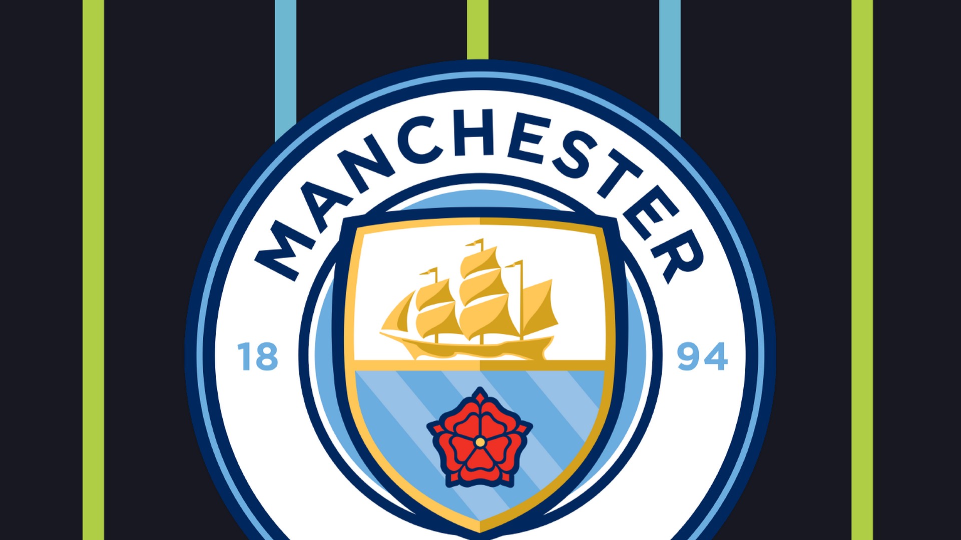 Manchester City Football Club logo on a dark background with light vertical stripes
