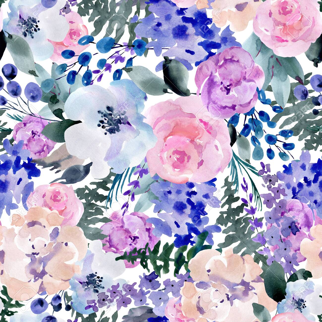 Summer Lilac Watercolor Floral Seamless Pattern Wedding Bouquet
