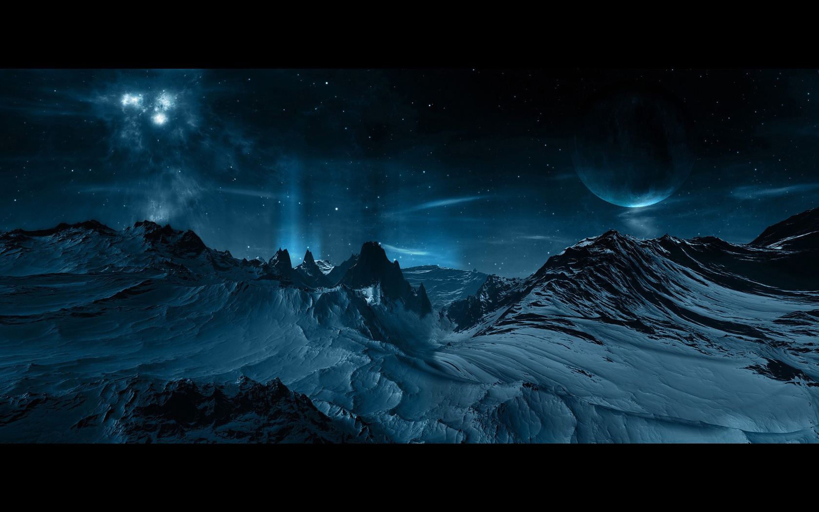 Download Planets above snowy mountains wallpaper 1680x1050