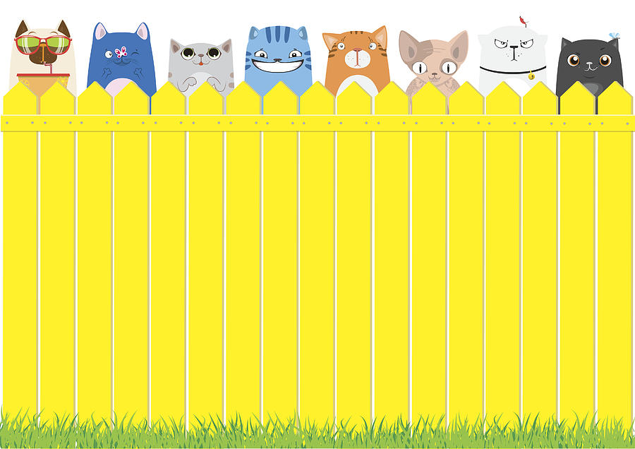 Cartoon Cats On The Yellow Fence Cute Pets Background Drawing By
