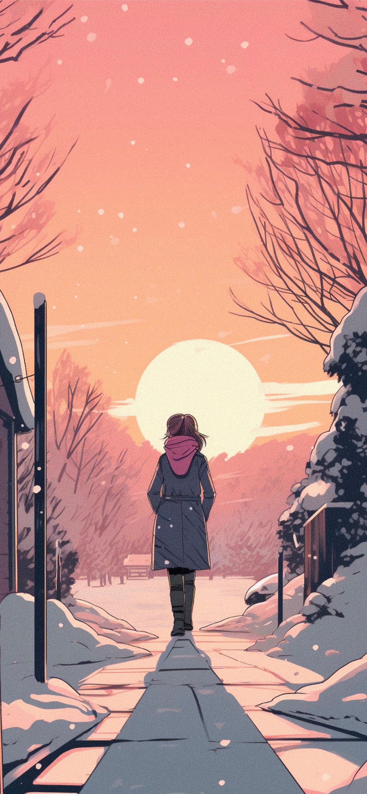 Winter Sunset And Girl Anime Wallpaper HD