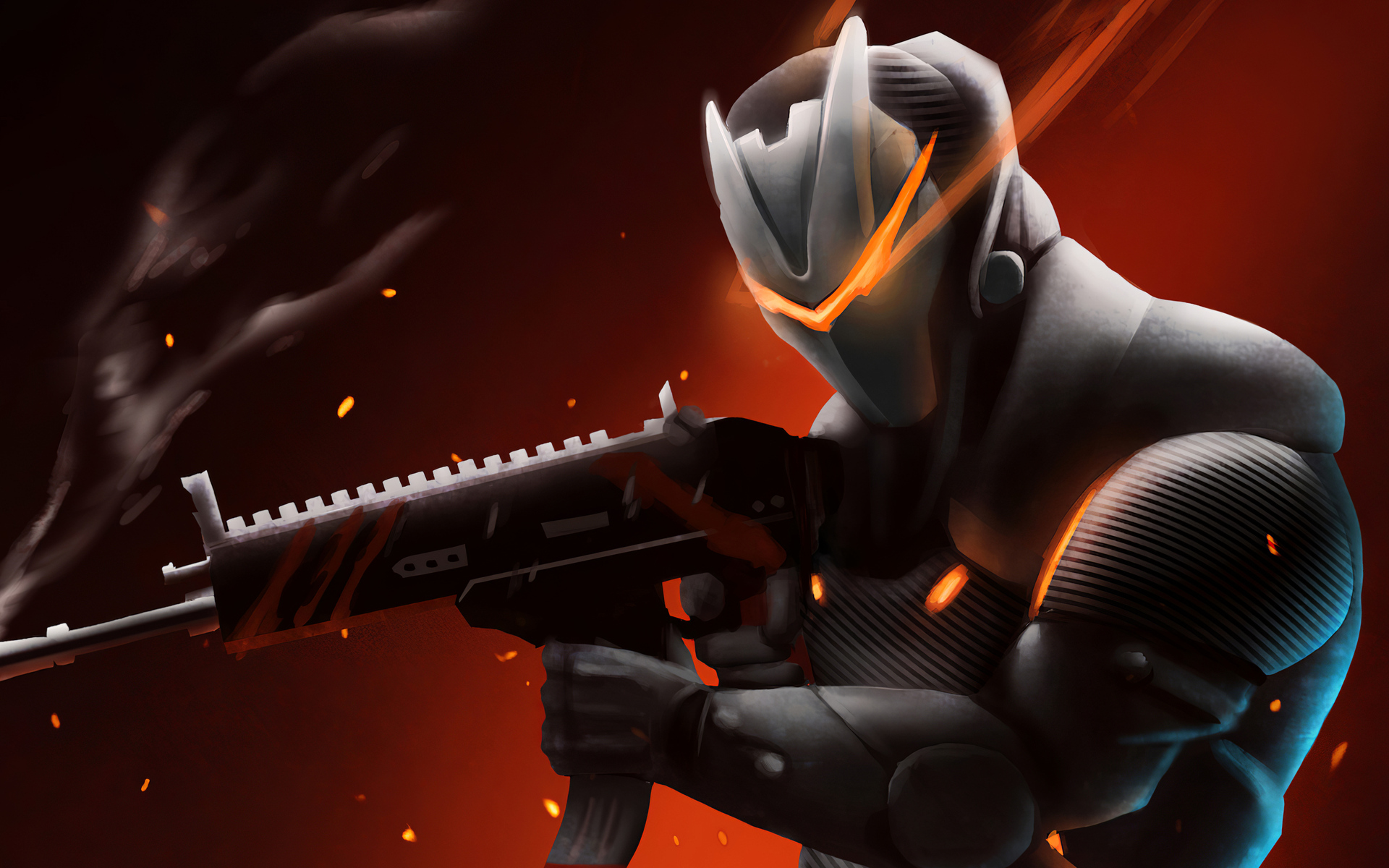 A Fortnite character, clad in futuristic white and grey armor with glowing orange accents, aims a powerful assault rifle against a fiery backdrop