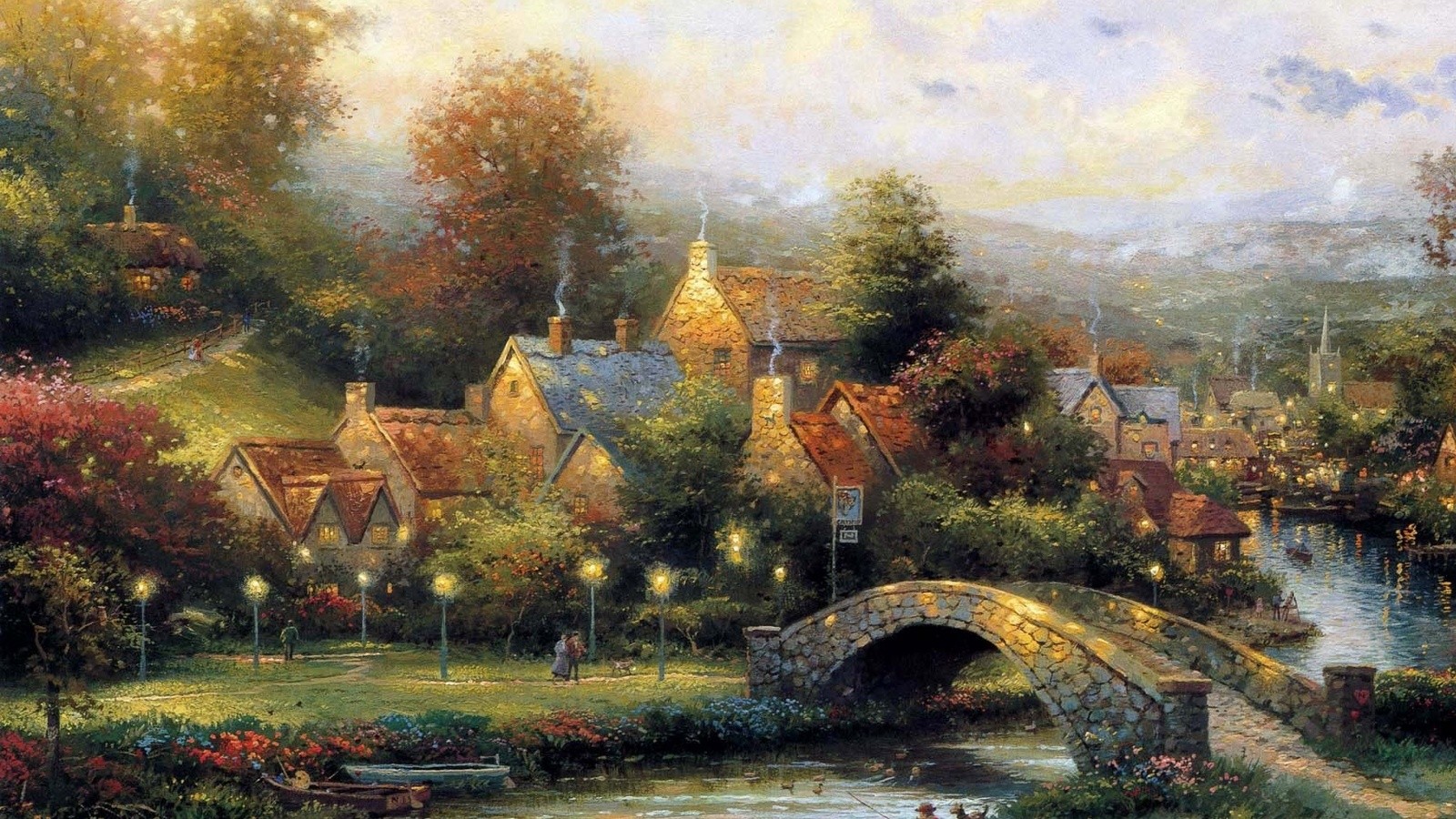 Paintings Nature Wallpaper 1600x900 Paintings Nature Trees Houses