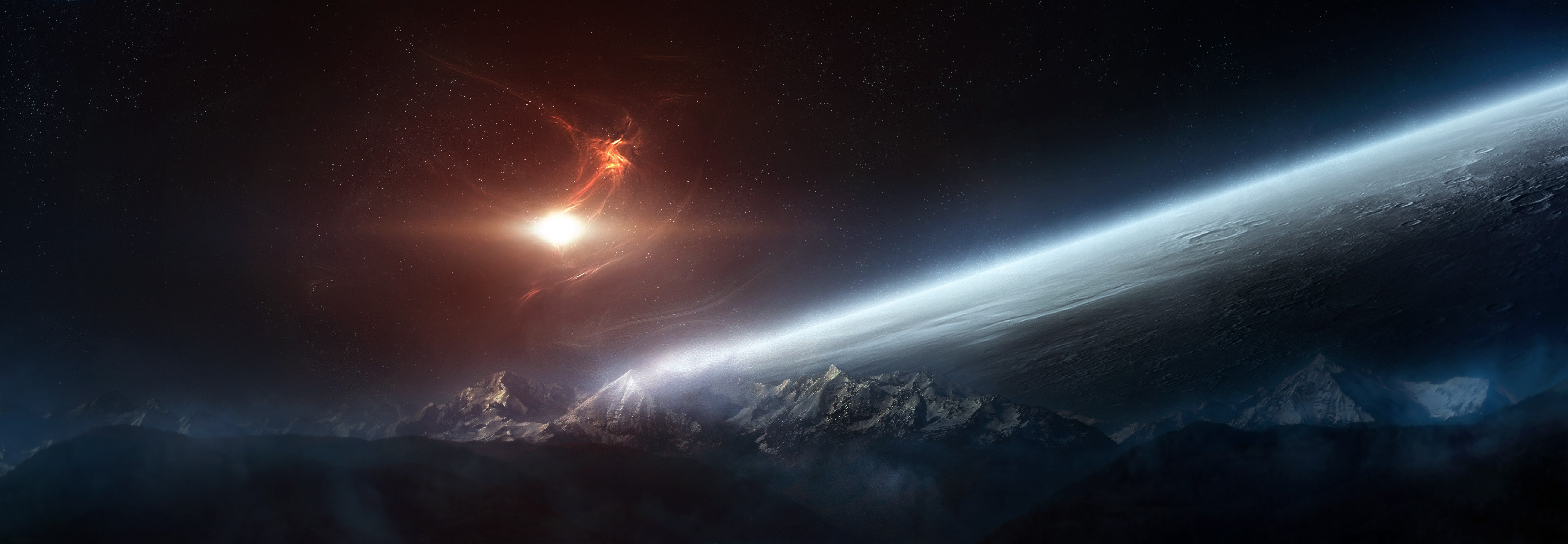 Tri screen space wallpaper with mountains and lovely nebula http