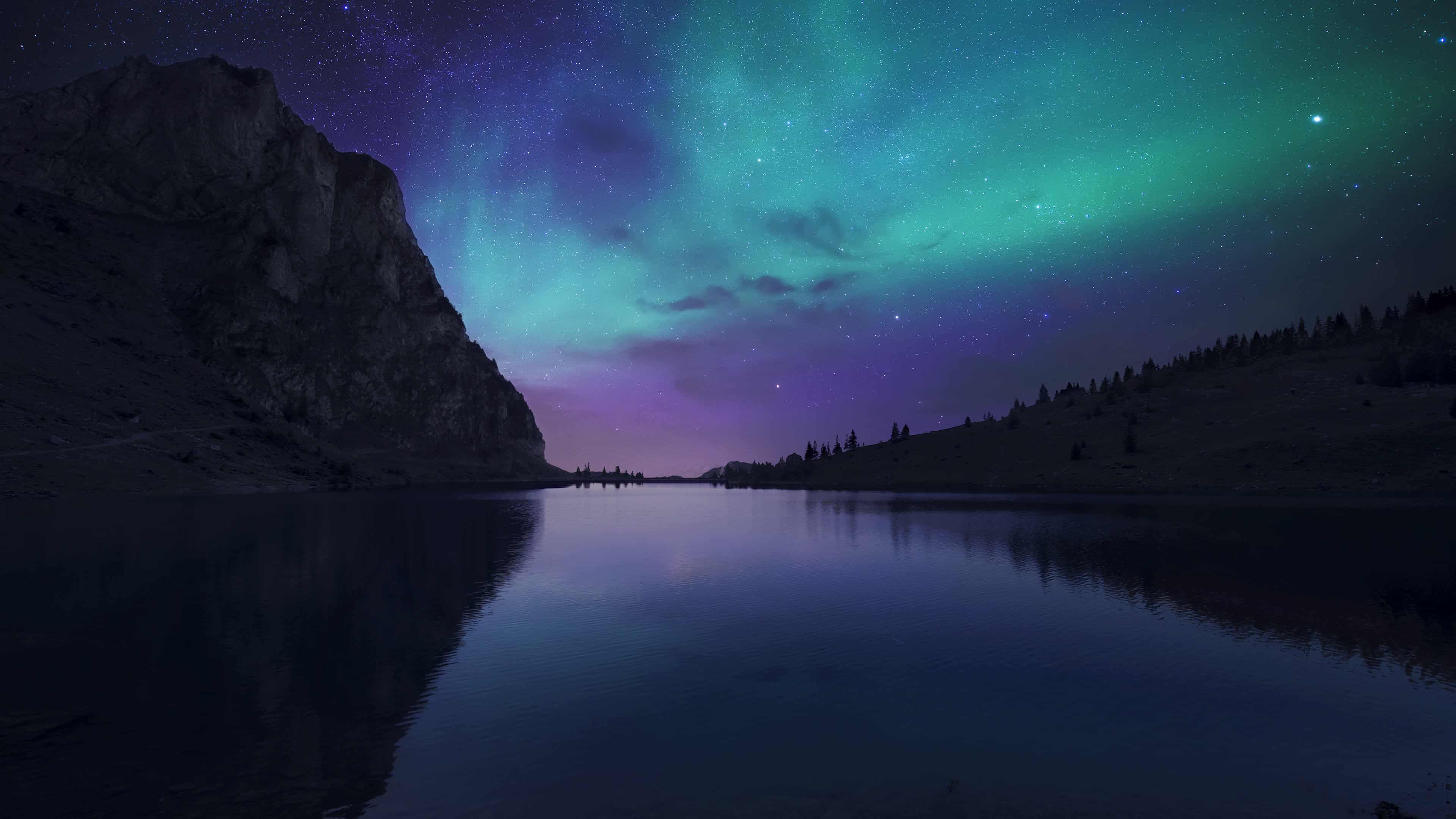 Northern Lights Aurora Borealis Over Lake UHD 4k Wallpaper
