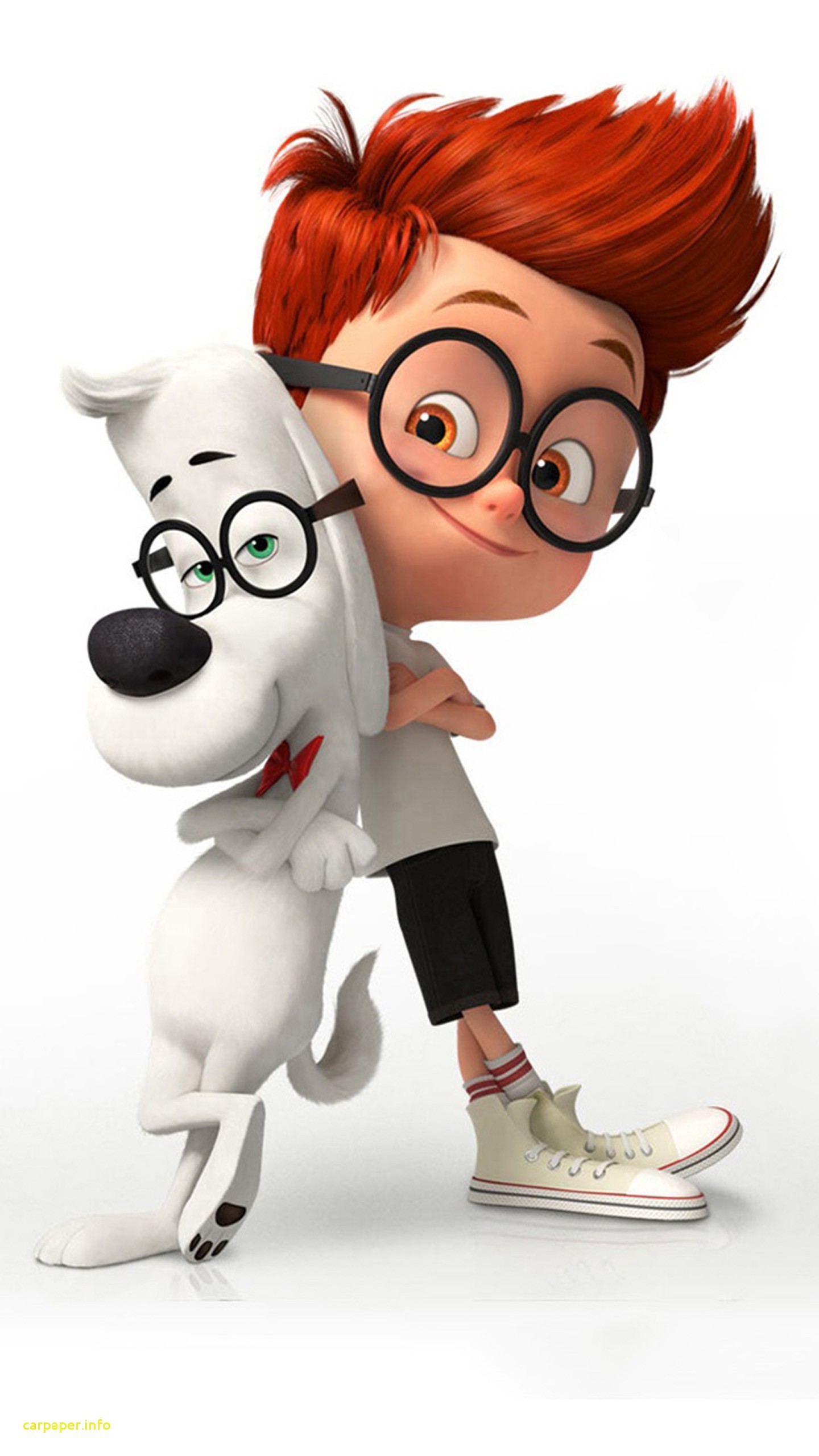 A cute cartoon boy with red hair and glasses hugs a cute white cartoon dog, also wearing glasses. Both are smiling