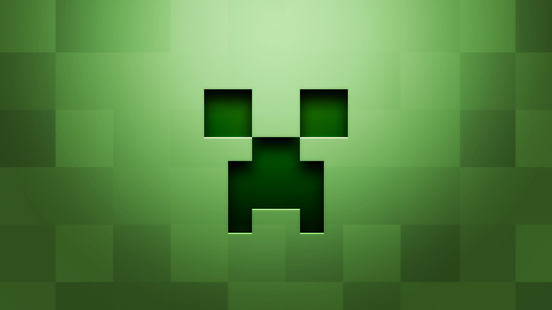 A pixelated close-up of a Creeper face, the iconic hostile mob from Minecraft, against a blurred green pixelated background