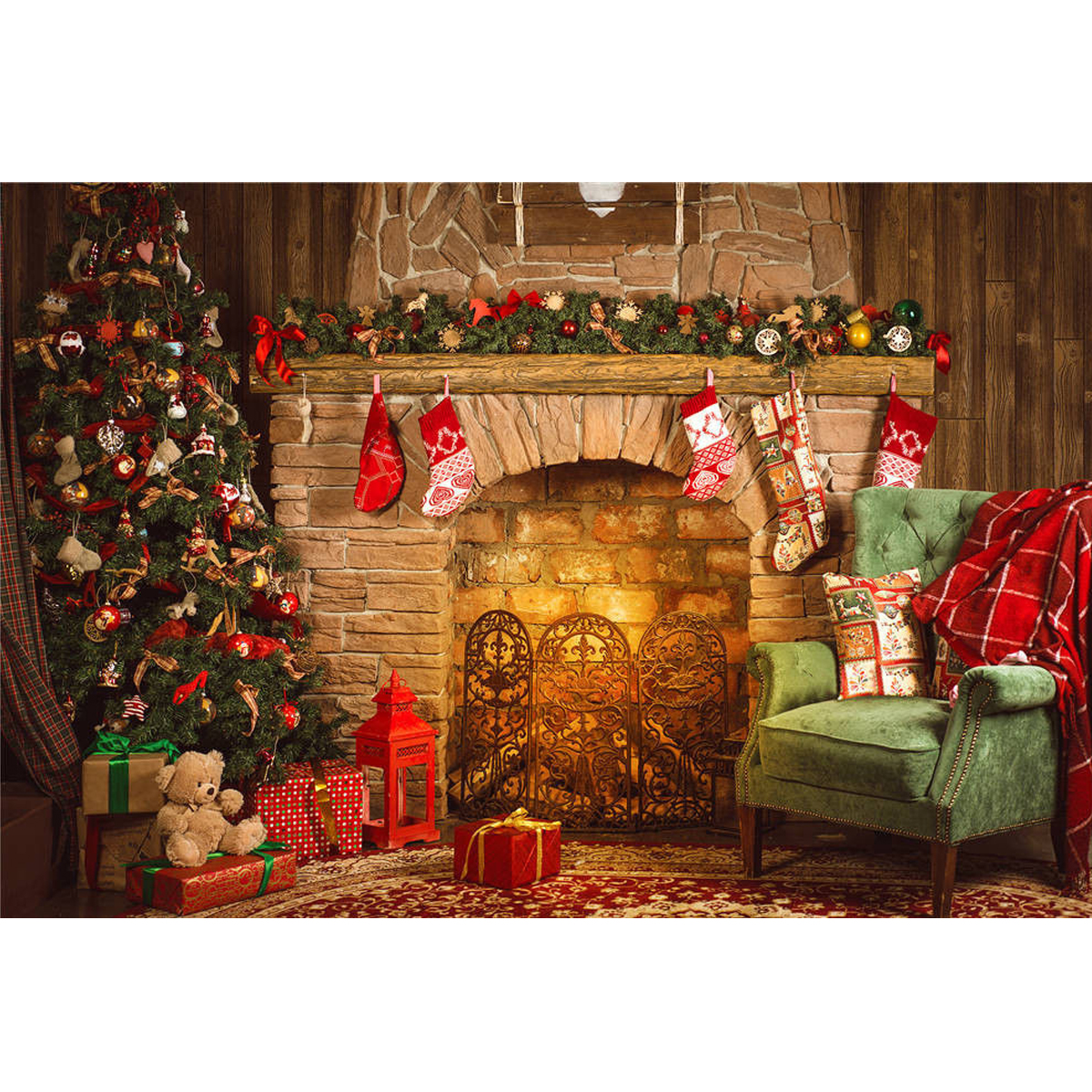 Christmas Tree Fireplace Chair Gift Photography Backdrop